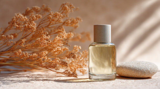 Serene still life scene featuring artisanal perfume bottle with minimalist design, surrounded by dried flowers and smooth stone, creating calming atmosphere
