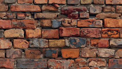 Obraz premium A detailed image of an aged brick wall showcasing various shades of red brown and gray bricks with visible mortar and texture. : Generative AI