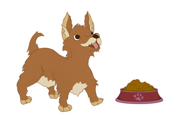Cartoon terrier dog standing beside a full red bowl of pet food. Ideal for pet care products, feeding illustrations, or animal-themed content.