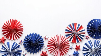 Fototapeta premium Patriotic Paper Fans and Stars on White Background, Decorations , Independence Day
