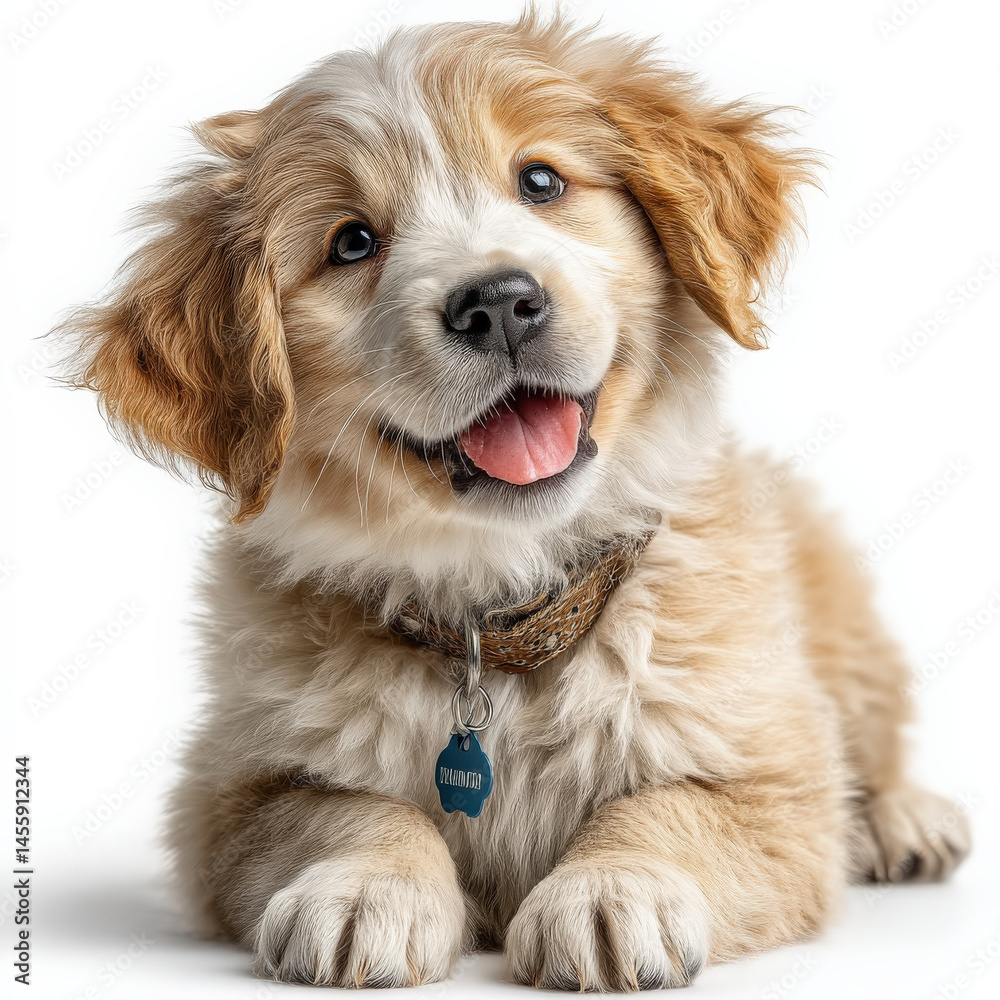 Poster adorable golden retriever puppy with fluffy fur wearing a collar and tag sits happily against a whit