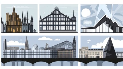 Obraz premium Architectural icons in pixel art style showcasing famous international buildings and urban design in a retro digital format
