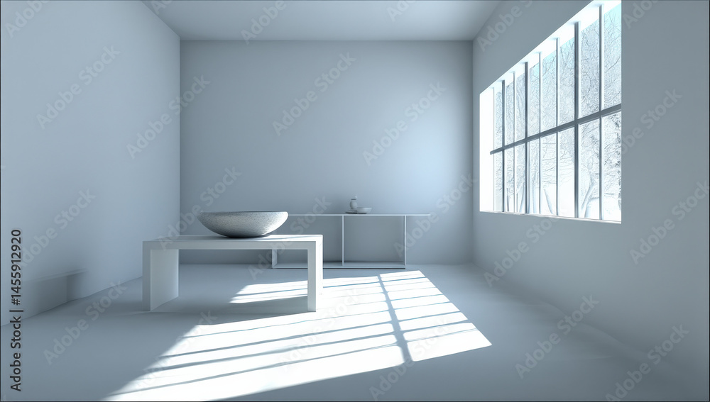 Poster Minimalist room interior with a large window showcasing a winter landscape featuring a simple white table and a stone bowl bathed in soft natural light. : Generative AI