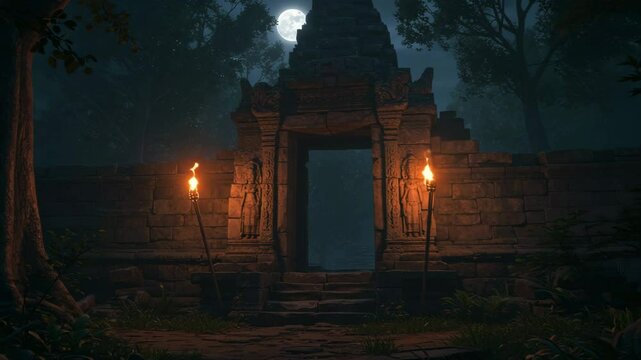 asian ancient temple gateway building with torch in the night