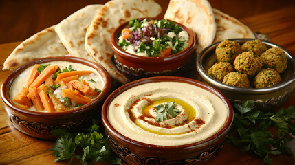 Assorted Middle Eastern dips and flatbreads.  A selection of hummus, baba ghanoush, and a colorful salad dip served with warm flatbread and crispy falafel