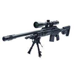 High precision sniper rifle with scope displayed on a clean surface in a controlled environment