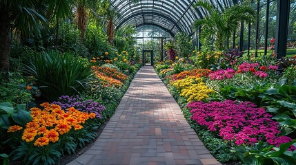 Flourishing botanical garden showcasing a diverse collection of exotic plants and vibrant flowers.