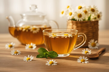 Low Angle Chamomile Tea Scene with Natural Light and Texture