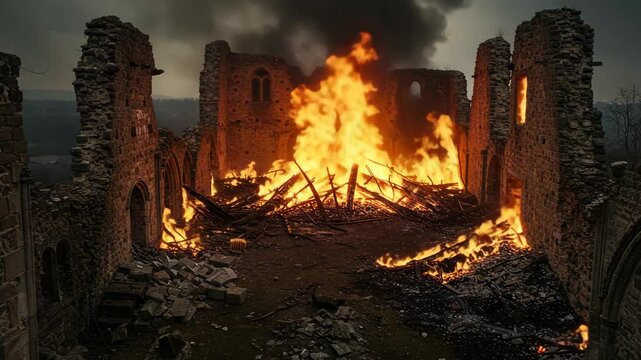 an ancient castle building destroyed by fire