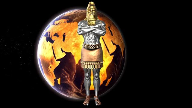 A statue made of various metals dream of an ancient empire king with planet earth and fire in the background Biblical Prophecies World Empires 4K