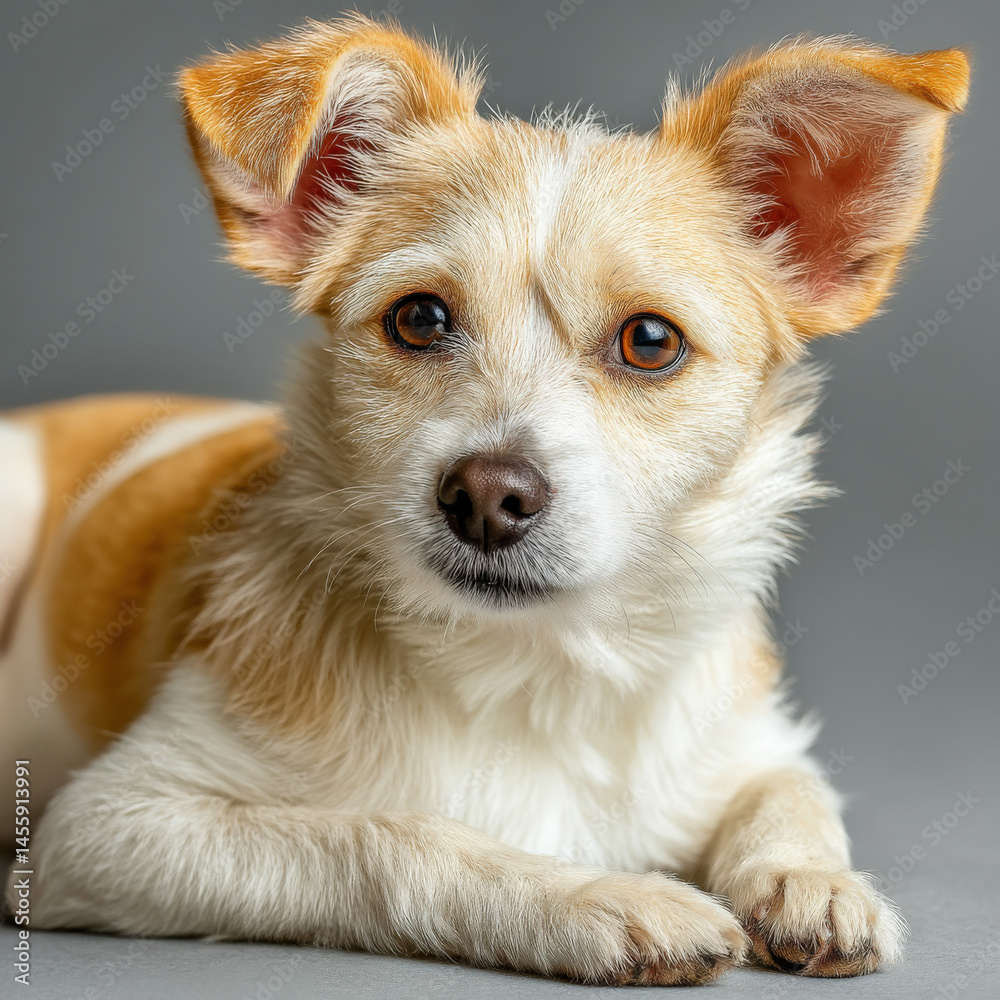 Poster Adorable small mixed breed dog with tan and white fur lying down and looking directly at the camera with big expressive orange eyes.  The dog's ears are large and erect adding to its c : Generative AI