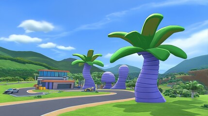 Voxelated tropical resort scenery featuring a pixelated architecture road palms mountains and digital recreation of natural environment