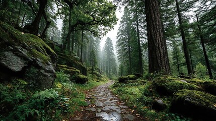 Obraz premium Forest green moss carpets the damp earth beneath a canopy of ancient, towering redwood trees.