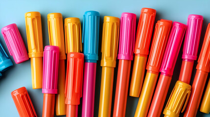 Colorful pens in various shades of orange, pink, red, blue, and yellow.  Caps are off on some, lying scattered, showcasing the vibrant colors and smooth finish. 
