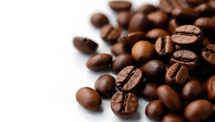 Fototapeta premium Close-up of dark roasted coffee beans on white , beans, mocha, agriculture
