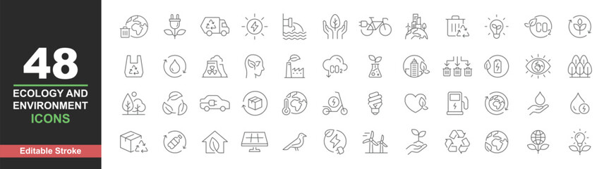 Ecology icons set. Vector illustration in modern thin line style of environment related icons: sustainable future, recycling, green energy, and more. Pictograms and infographics editable stroke