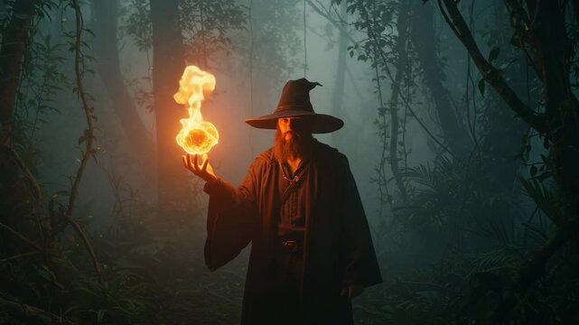 The witch unleashes the power of the fireball in her hand