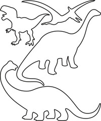 Dinosaur Outline Silhouettes Set, Black and White Vector Illustration Featuring T-Rex, Pterodactyl, and Sauropods
