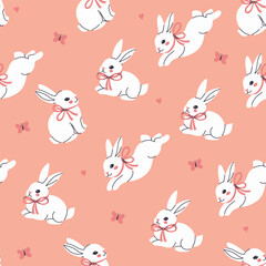 Seamless pattern with white rabbits with bows on their necks. Vector graphics.
