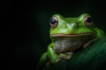 Fototapeta premium Close-up of a Green Tree Frog on a Leaf with Dark Background