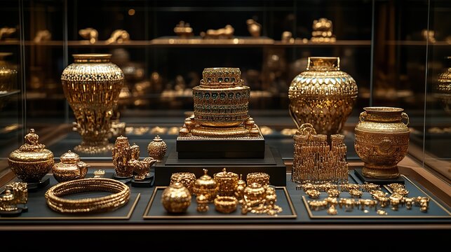 Gold jewelry and artifacts gleam within the display cases of a museum exhibit on ancient civilizations.