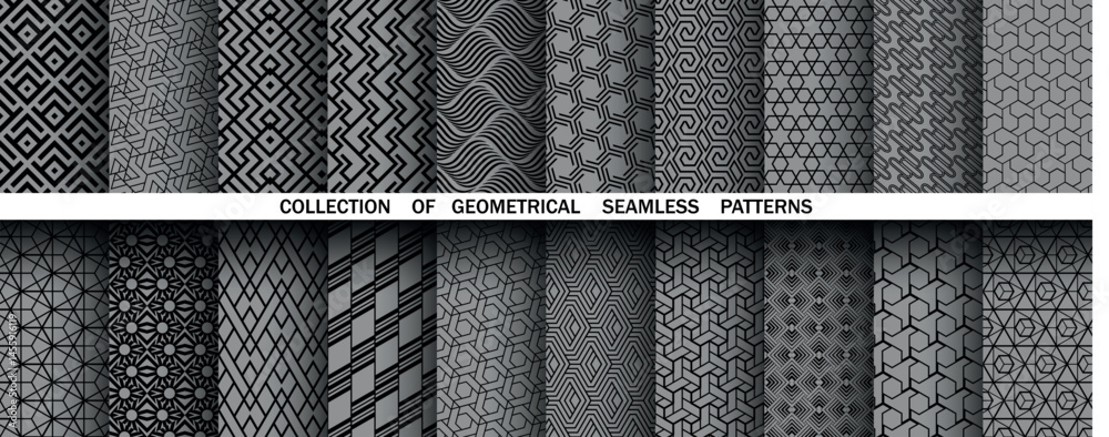 Fototapete Geometric set of seamless black and gray patterns. Simple vector graphics