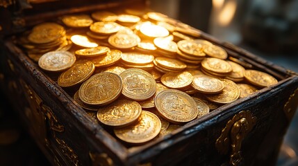 Golden coins spill from an overturned chest, their surfaces etched with the symbols of a lost civilization.