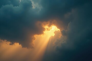 Obraz premium Golden light pierces heavy, grey storm clouds; dramatic contrast , weather phenomenon, intense