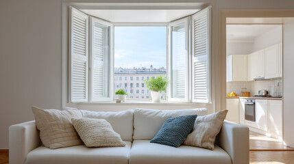 Bright living room with white sofa and cushions, featuring open window with white shutters overlooking cityscape. room connects to modern kitchen, creating airy and inviting atmosphere