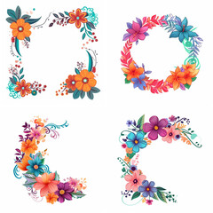 Fototapeta premium Colorful floral frames and wreaths in a graphic design.