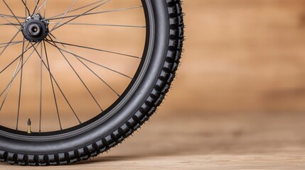 Close-Up of Black Bicycle Wheel with Spokes and Tire Against a Blurred Wooden Background
