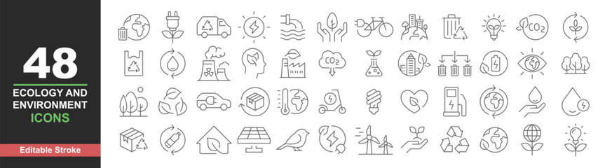 Ecology icons set. Vector illustration in modern thin line style of environment related icons: sustainable future, recycling, green energy, and more. Pictograms and infographics editable stroke © Fourdoty