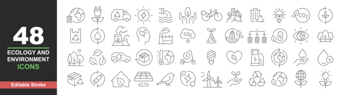 Ecology icons set. Vector illustration in modern thin line style of environment related icons: sustainable future, recycling, green energy, and more. Pictograms and infographics editable stroke