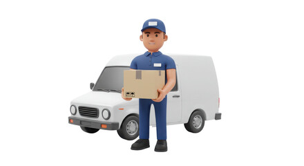 Obraz premium 3D Cartoon Delivery Man in Front of White Van (Full View)