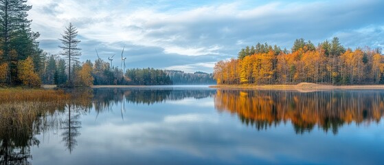 Fototapeta premium Lake reflects surrounding autumn foliage trees water, creating sense stillness, turbines hint renewable energy.