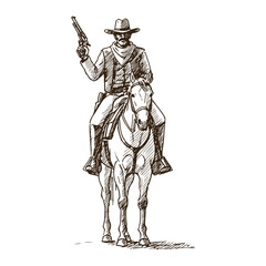 Fototapeta premium Western Cowboy Riding Horse Calmly Hand Drawn Vintage Vector Sketch