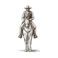 Obraz premium Cowboy on Horse Facing Forward – Traditional Western Riding Sketch