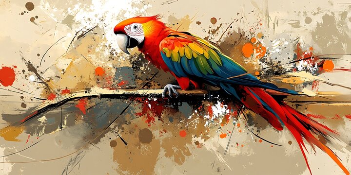 Vibrant parrot perched on branch, feathers burst in hues of scarlet, blue, and yellow against an abstract backdrop