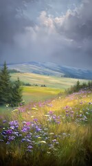 Fototapeta premium Vibrant field of wildflowers in a mountain valley