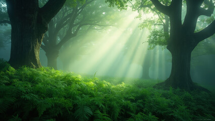 Obraz premium Serene forest scene sunlight streaming through mist surrounded by greenery and majestic trees