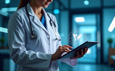 Medical technology, online health, global health network and tourism concept. Doctor using digital tablet and laptop computer, electronic medical record, internet network connection. High quality