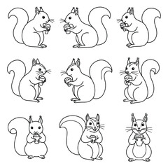 Cute Squirrel Line Art Illustrations Set
