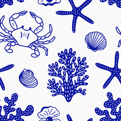 Sea seamless pattern. Underwater creatures, starfish, coral, crab. 