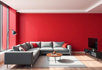 Red accent wall, gray corner sofa in modern living room, living room, crimson