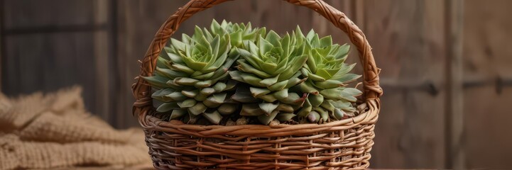 A petite potted succulent nestled in a rustic wicker basket , flora, detail