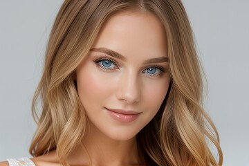 Naklejka premium Stunning Portrait of a beautiful woman with long, wavy blonde hair, blue eyes, fair skin, wearing a flowing white dress with lace details