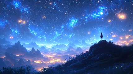 Indigo night sky filled with countless stars, illuminating a solitary figure standing on a hilltop.