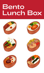 Illustration of a traditional Japanese bento lunch box featuring rice, vegetables, sushi, and side dishes. Colorful and detailed design perfect for food blogs, menu templates, or Asian cuisine