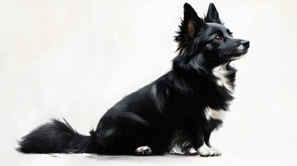 Elegant black dog with white markings sitting gracefully in profile against a soft background