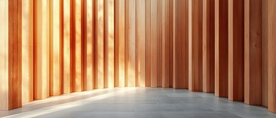 Wooden slats form curved wall, bathed in natural light, casting shadows on concrete floor.